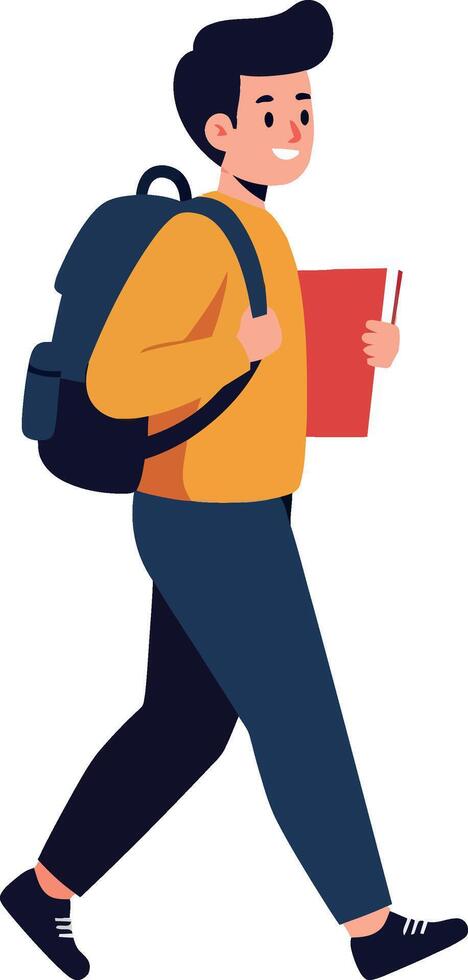 Young student walking confidently with backpack in flat art vector