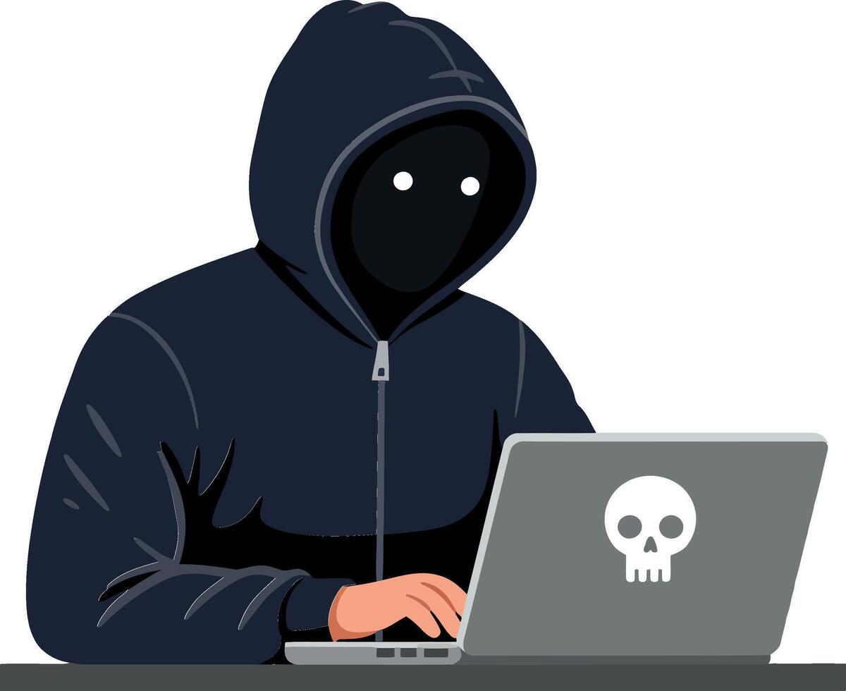 Mysterious hacker in a hoodie using a laptop in flat art vector