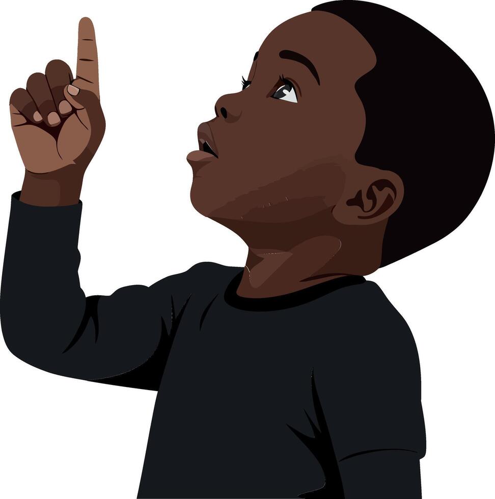 Young boy pointing upwards with curiosity in flat illustration vector