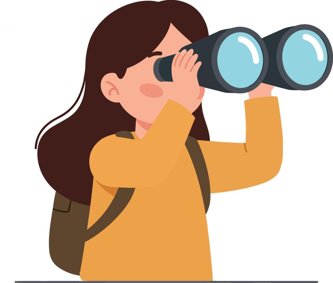 Young woman observing nature with binoculars in flat art vector