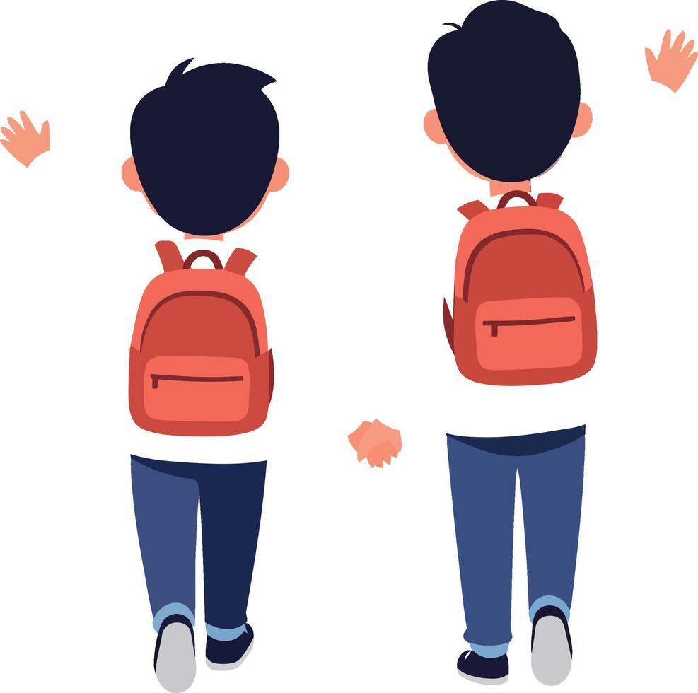 Two boys walking together with backpacks in flat art vector