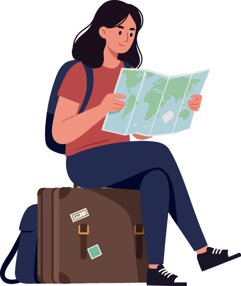 Woman reading a map while sitting on a suitcase in flat art vector