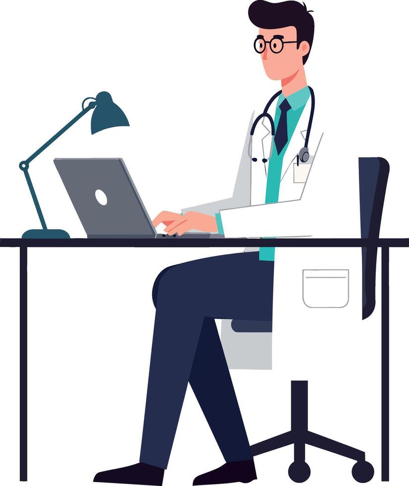 Doctor working at desk with laptop in flat art vector