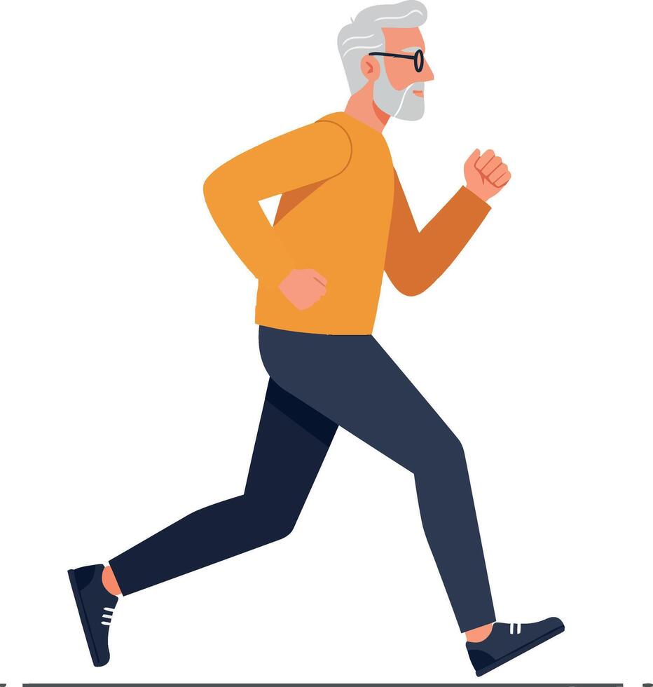 Elderly man running in stylish, minimal, flat illustration vector
