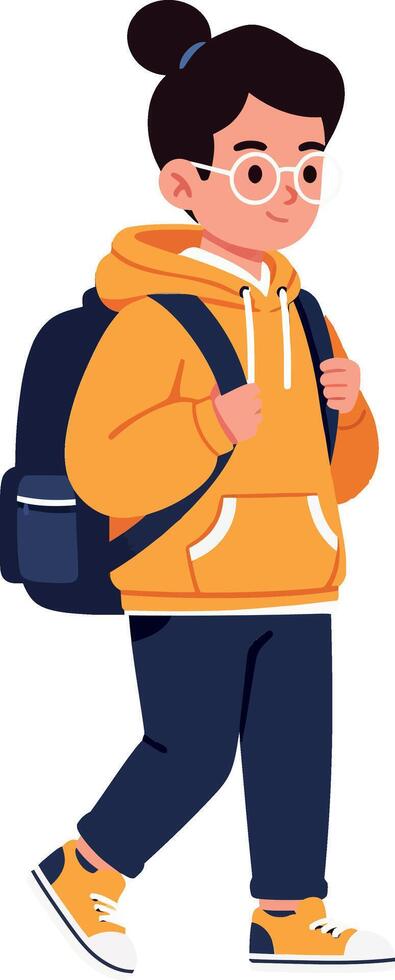 Young student wearing a yellow hoodie walking in flat art vector