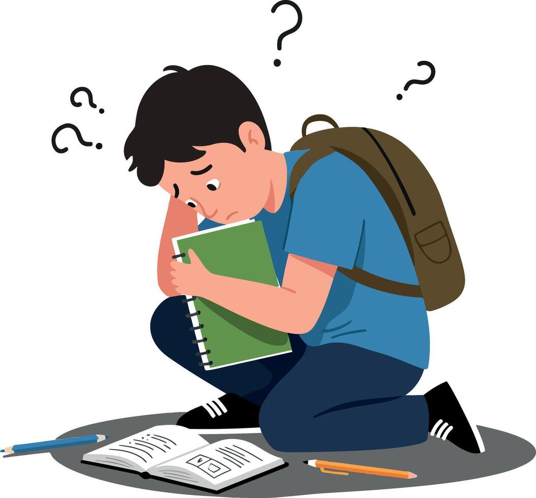 Young student feeling confused while studying in flat art vector