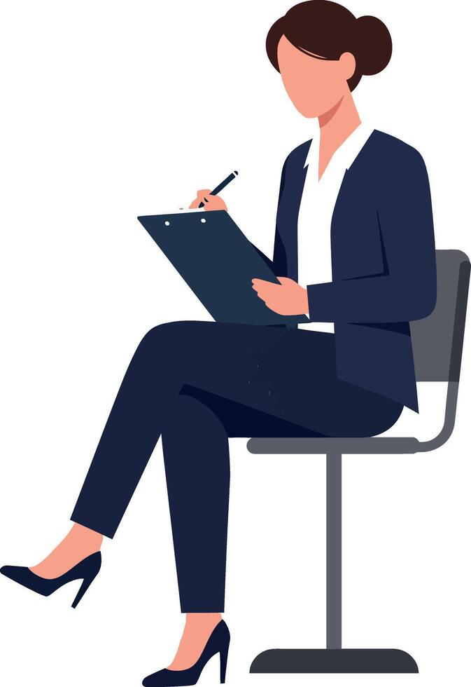 Professional woman taking notes while seated in minimal illustration vector
