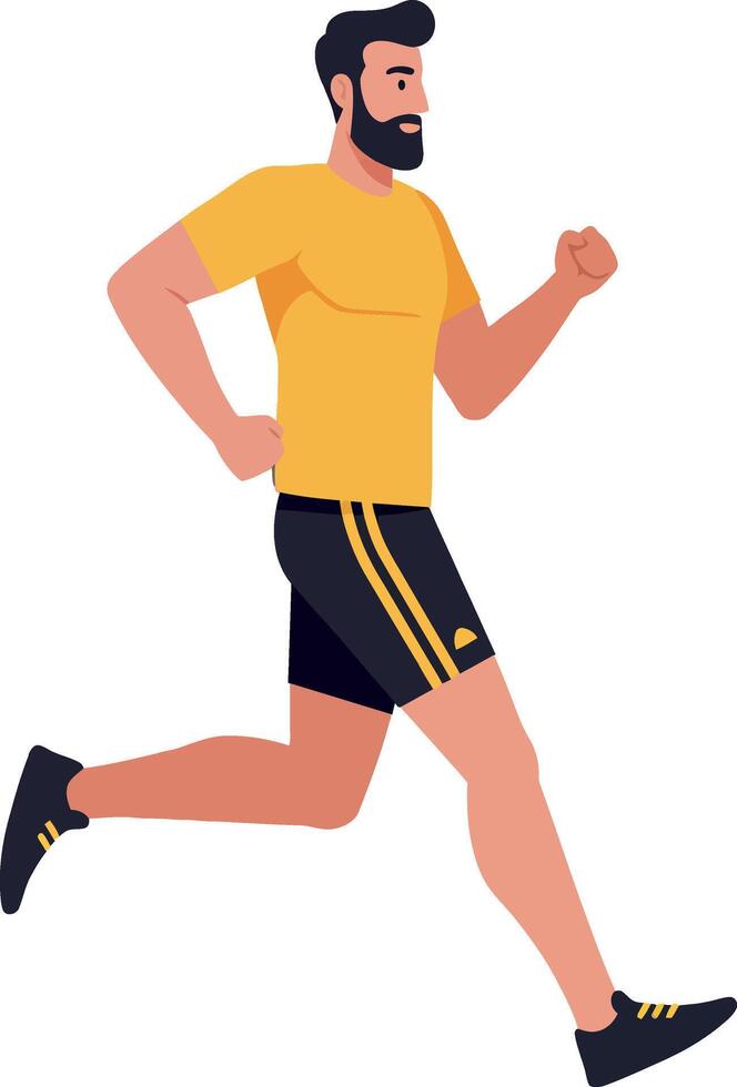 Active man running in yellow shirt and black shorts flat art vector
