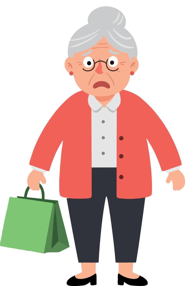 Elderly woman with shopping bag in flat illustration vector