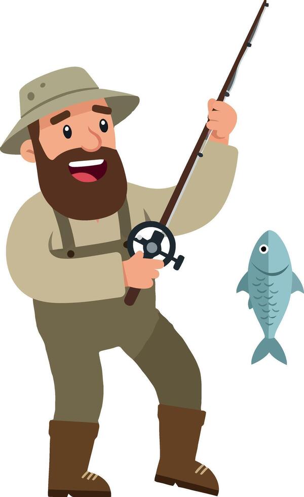 Happy fisherman catching a fish in flat art style vector