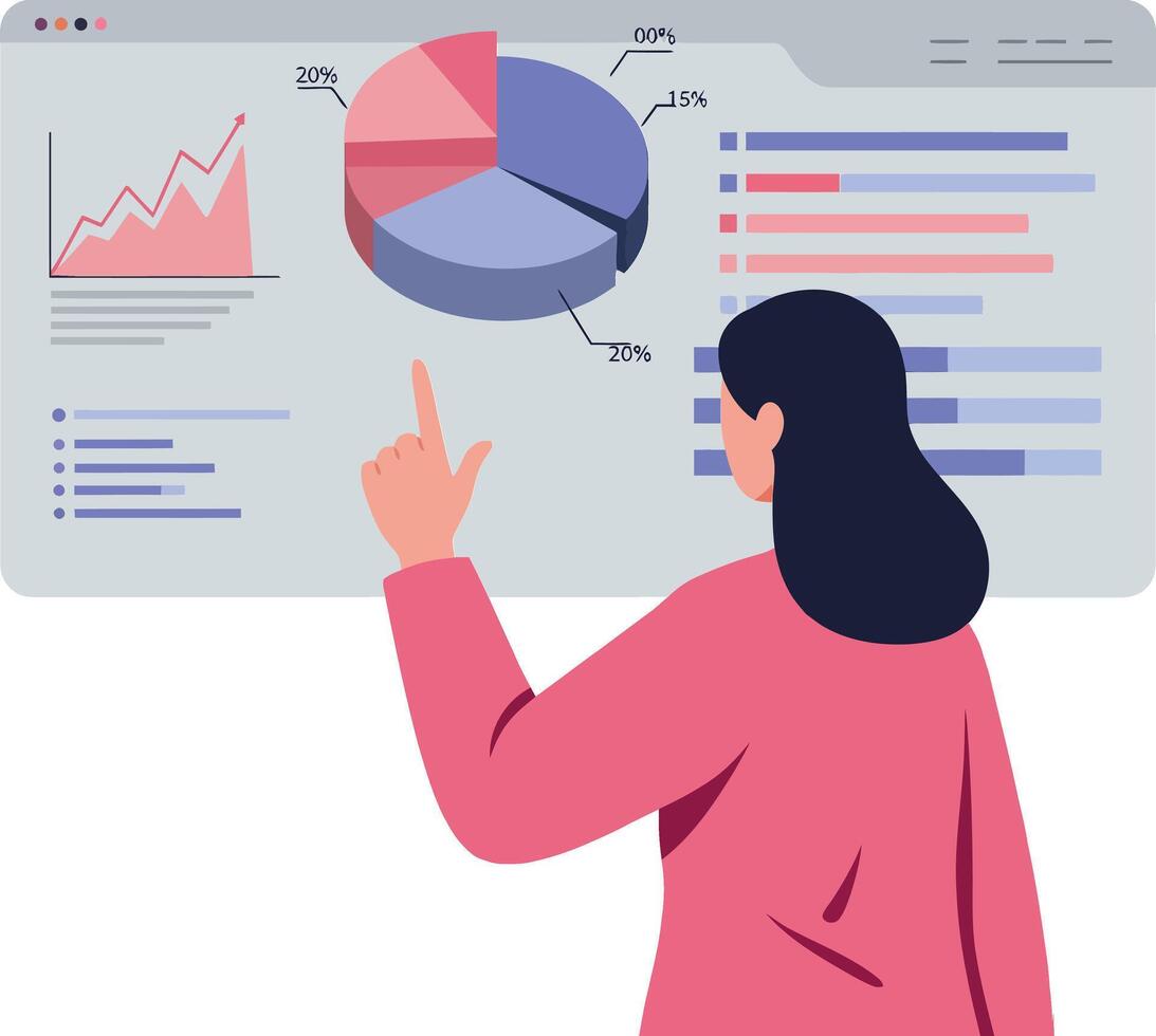 Businesswoman analyzing data with charts in flat illustration vector