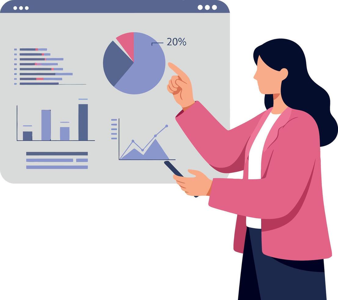 Businesswoman presenting data with charts in flat illustration vector