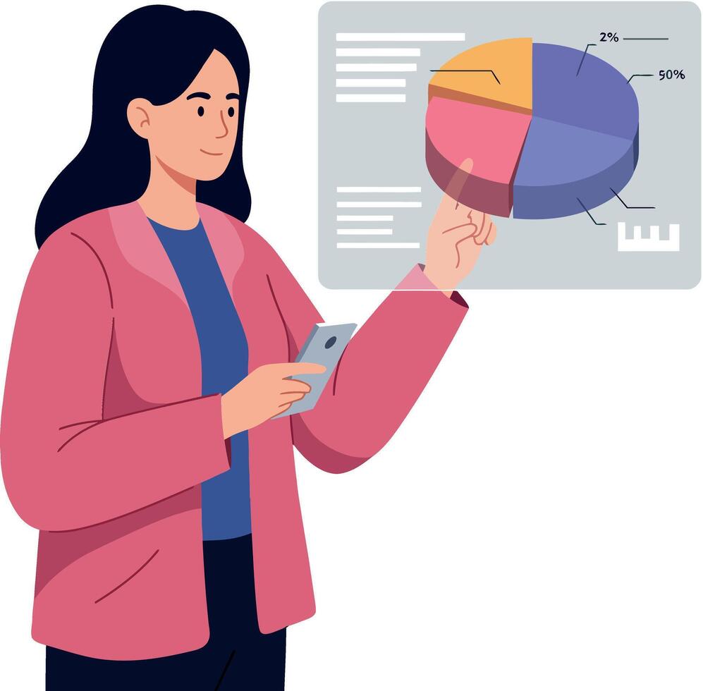 Woman engaging with digital pie chart in flat illustration vector