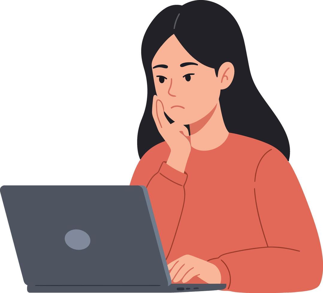 Thoughtful woman using laptop in minimal flat illustration vector