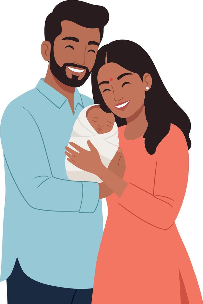 Happy family holding newborn baby in minimal flat illustration vector