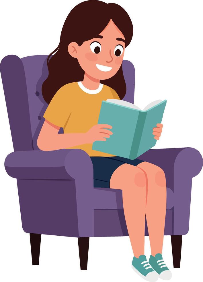 Young girl reading a book in a cozy chair flat art vector