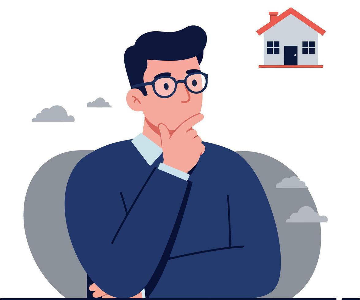 Thinking person in flat design contemplating house purchase art vector