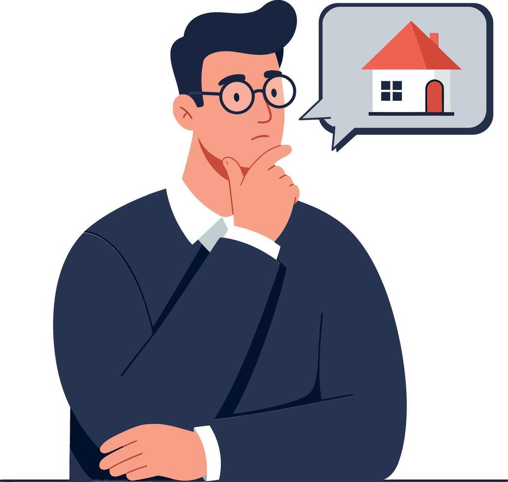 Thoughtful man considering home purchase in flat illustration vector
