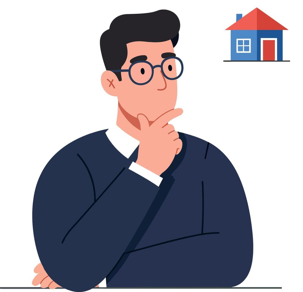 Thoughtful man considering home buying in flat illustration vector