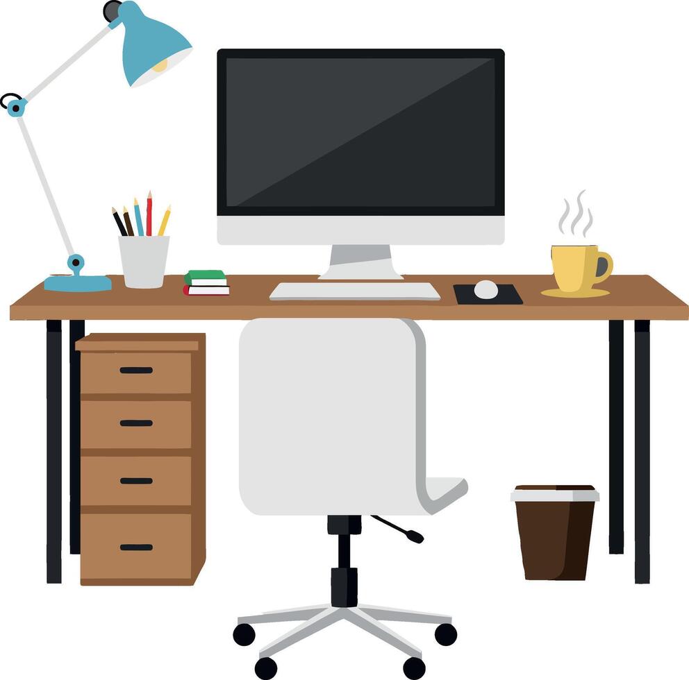 Simple workspace design featuring desk lamp, monitor, and chair illustration vector