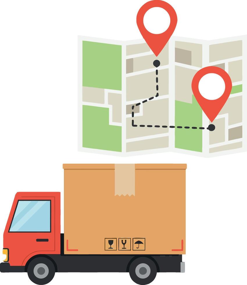 Delivery truck navigating map with route markers in flat art vector