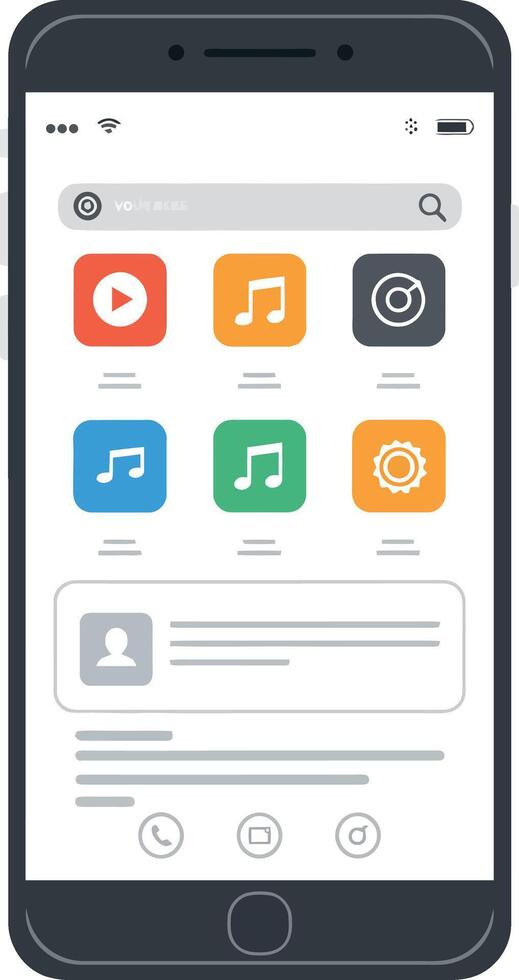 Mobile phone interface featuring colorful app icons in flat art vector