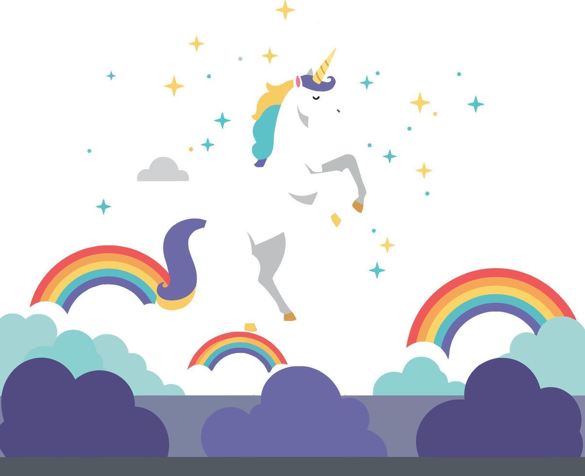 Majestic unicorn jumping over colorful rainbows in flat art vector