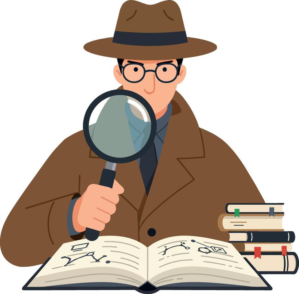 Detective character examining clues with a magnifying glass in flat art vector
