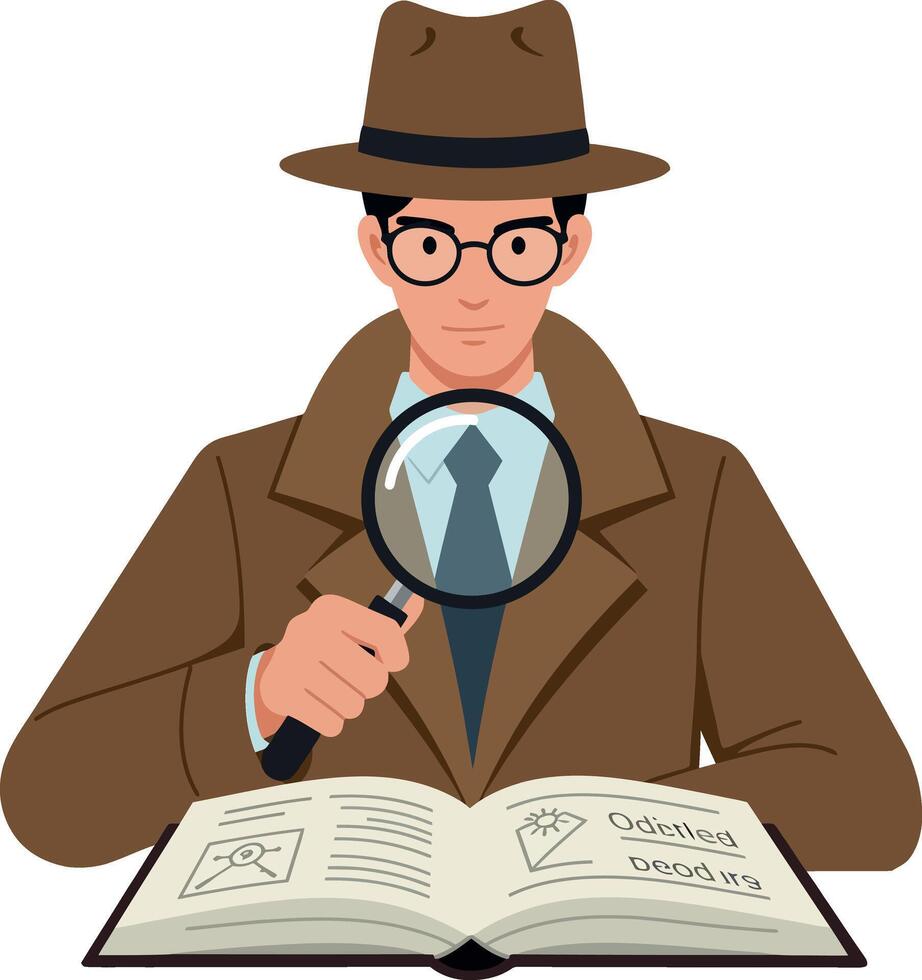 Detective examining clues with a magnifying glass in flat art vector