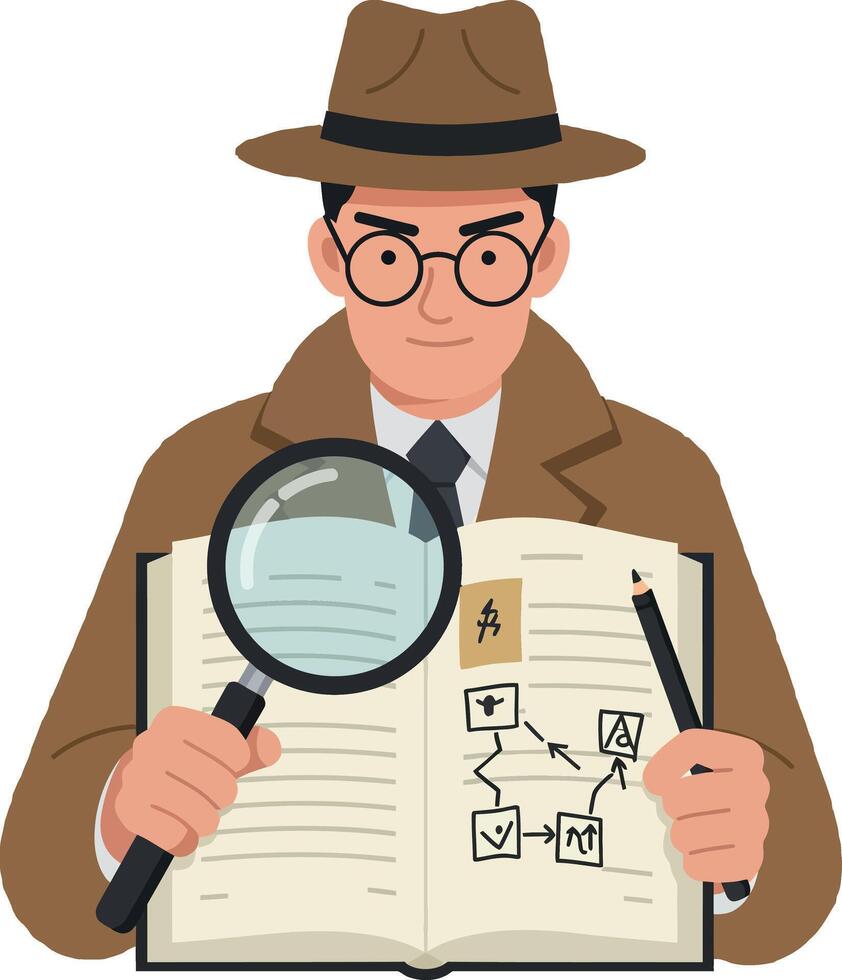 Detective examining clues with magnifying glass in flat art vector