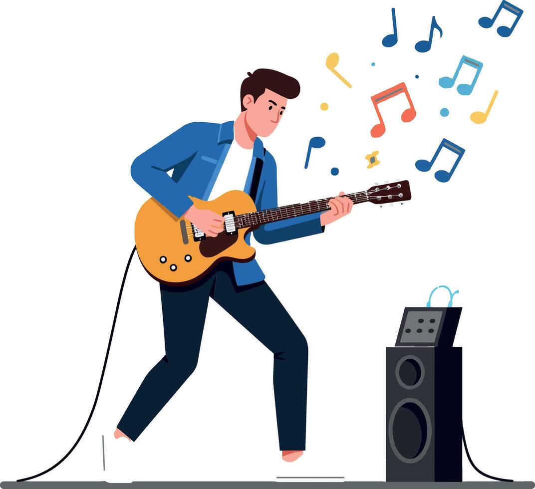 Musician playing electric guitar with colorful notes in flat art vector