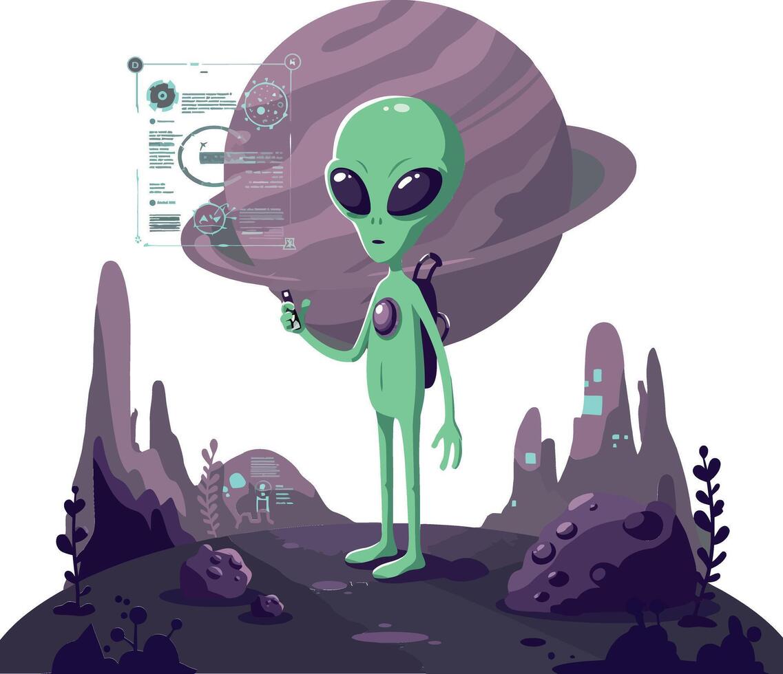 Alien character exploring a futuristic landscape in flat art vector