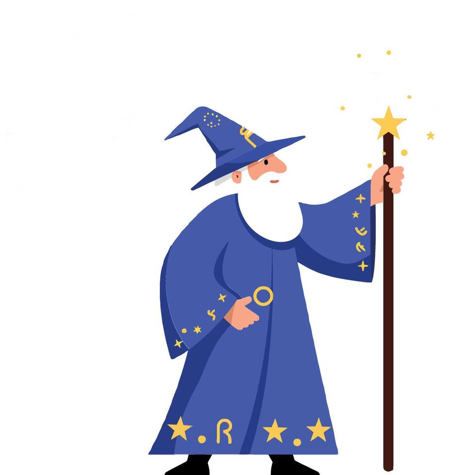 Wizard character in blue robe with stars, flat art illustration vector