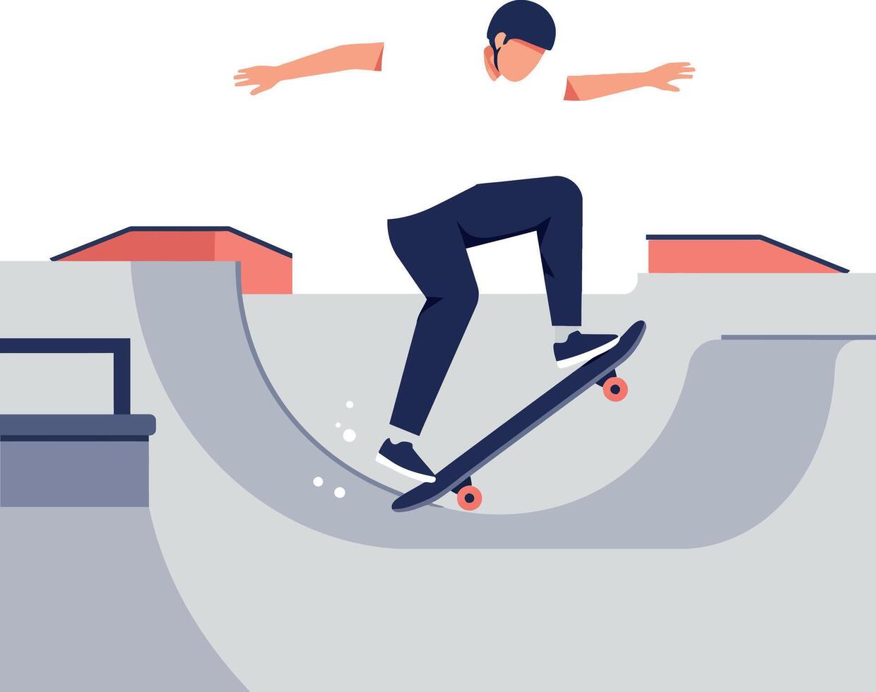 Skateboarder performing tricks in a skate park with flat art vector