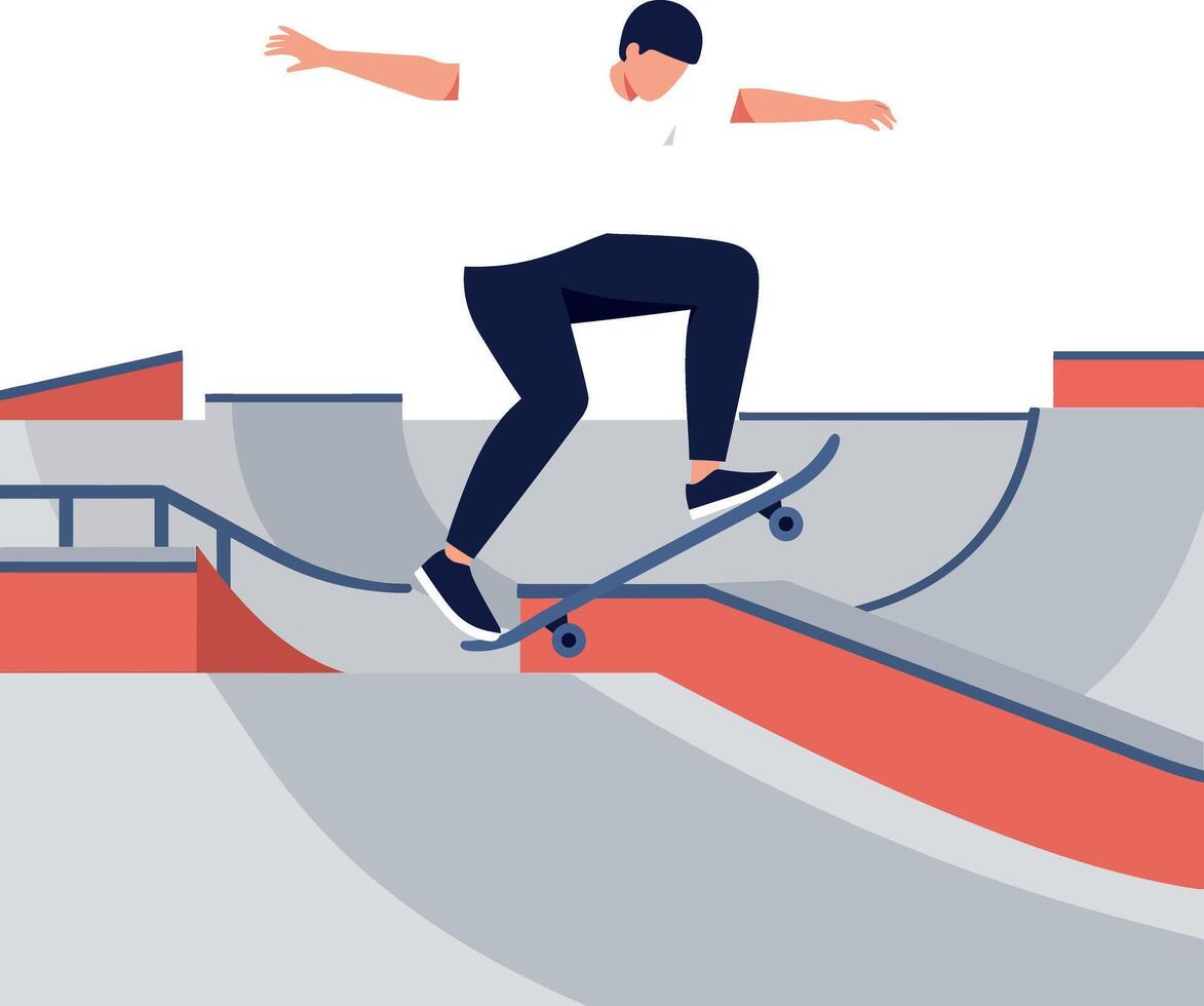 Skateboarder performing tricks in a modern skate park flat art vector