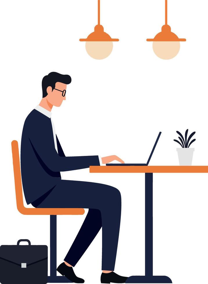 Professional man working on laptop at desk in flat art vector