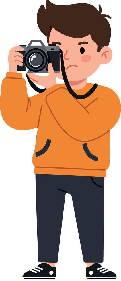Boy taking photographs in orange hoodie, flat art vector