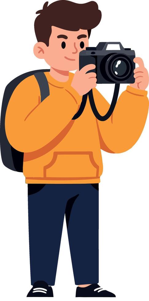Young photographer holding camera in flat art style vector