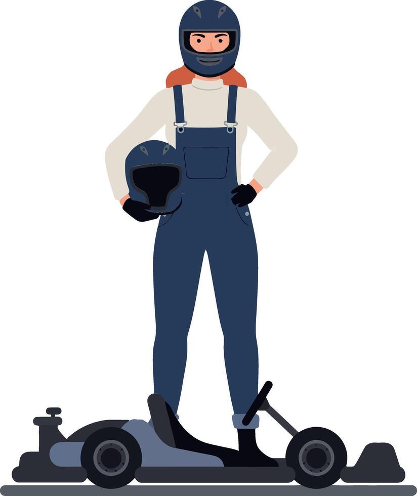 Kart racer in blue overalls with helmet standing beside go-kart illustration vector