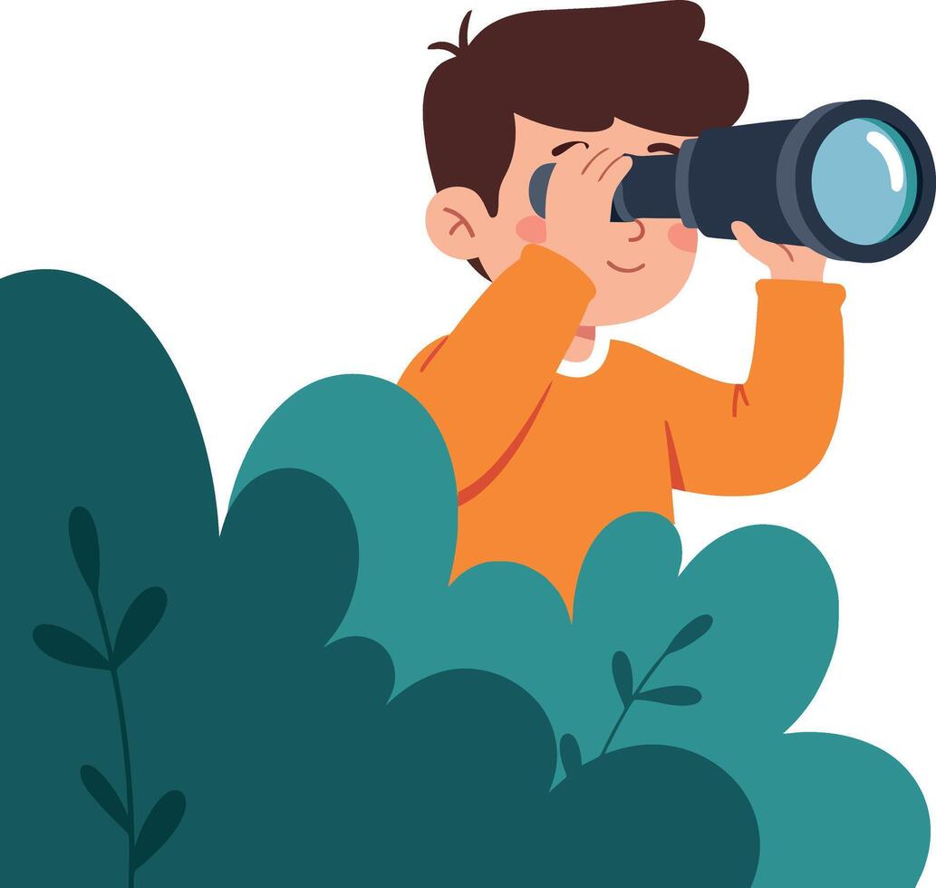 Young boy observing nature through binoculars in flat art vector