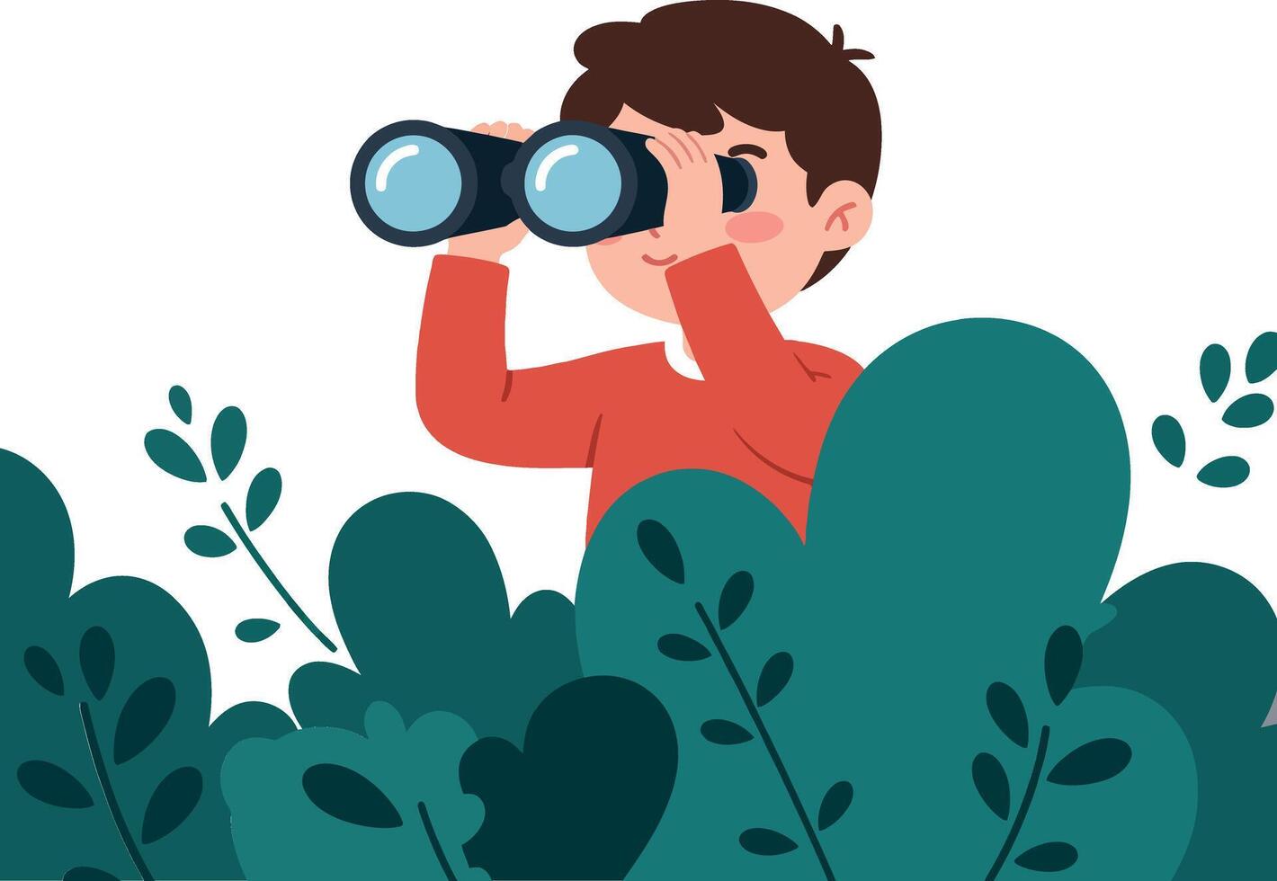 Boy observing nature with binoculars in flat illustration vector