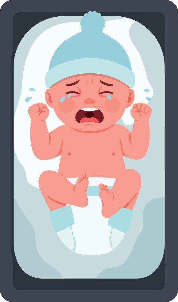 Crying baby in a crib with flat illustration style vector