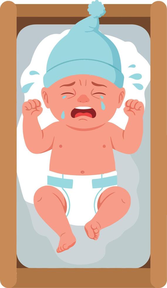 Crying baby in crib with a flat design illustration vector