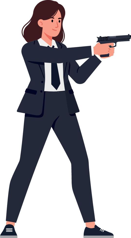 Confident woman aiming firearm in a professional suit flat art vector