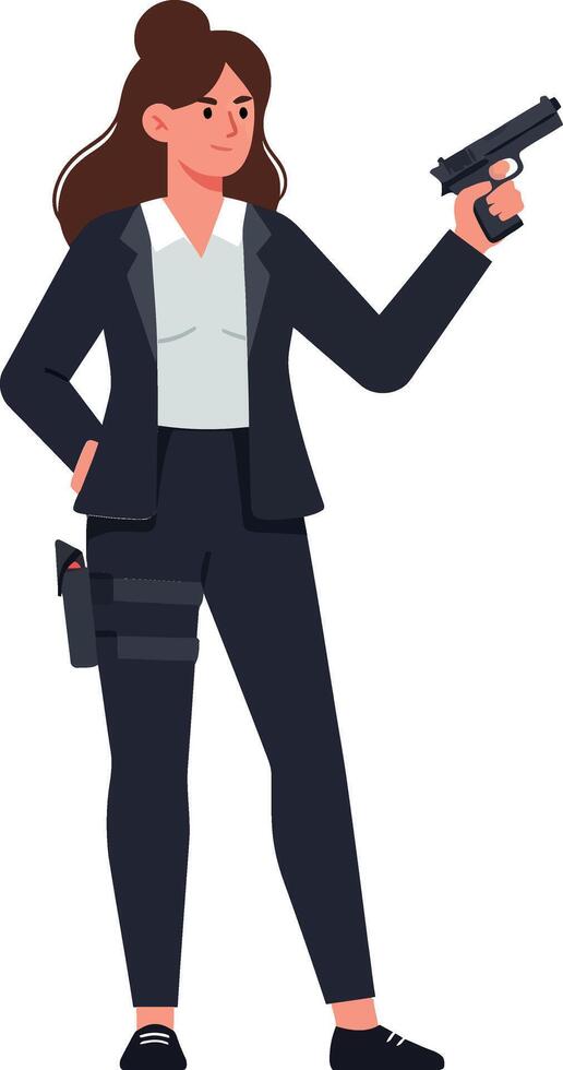 Confident woman in suit holding gun in flat art vector