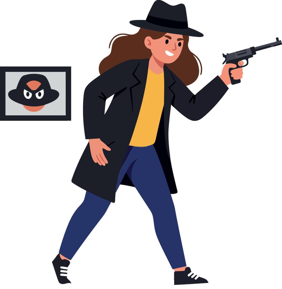 Woman in a trench coat aiming a gun in flat art vector