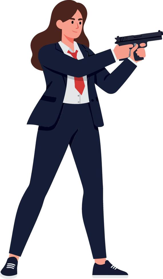 Confident woman aiming a gun in flat illustration style vector