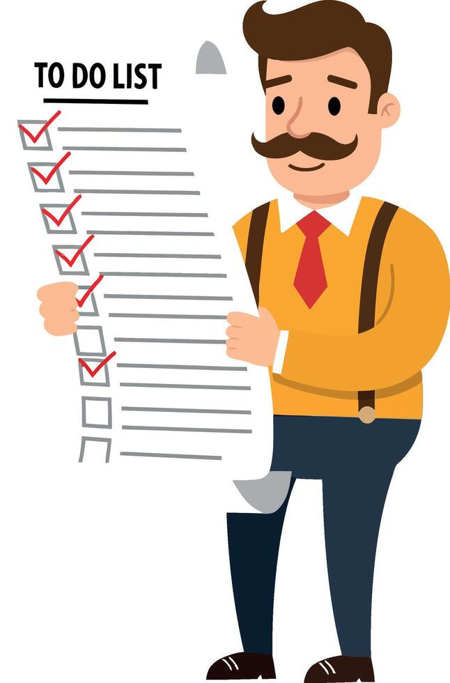 Man holding a checklist with checked items in flat art vector