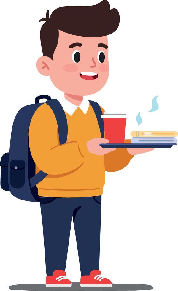 Young boy holding food and drink in flat art vector