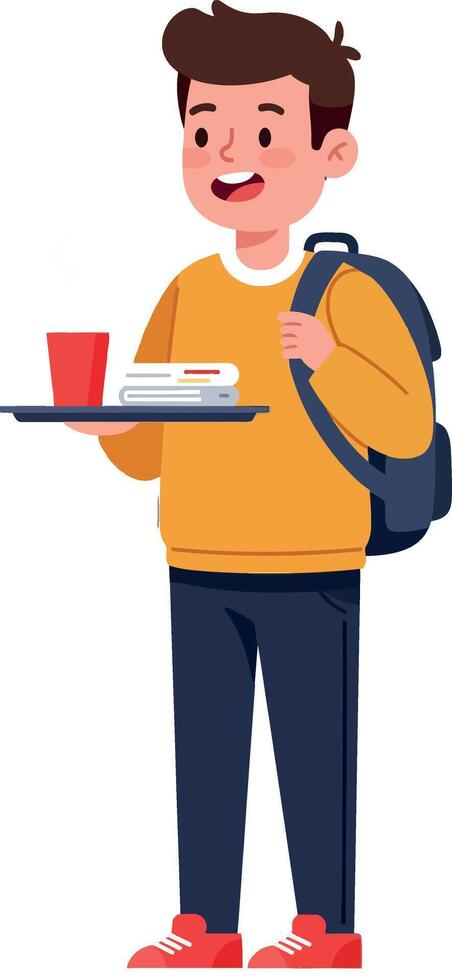 Young man holding a tray with food and drink in flat art vector